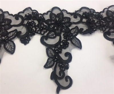 LNS-BBE-247-BLACK.  Black Embroidery Bridal Lace with with Black Beads and Sequins - Sold By the Yard - 8.5 Inch Wide