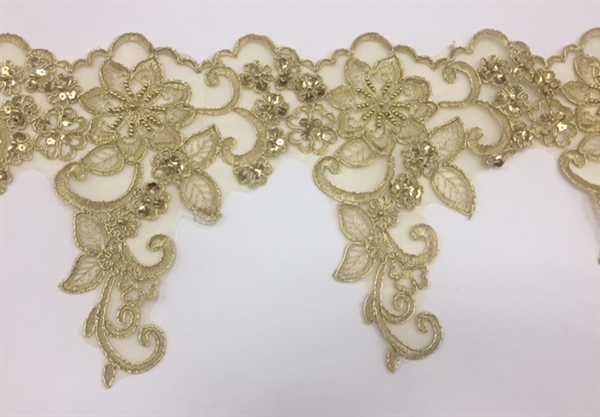 LNS-BBE-247-GOLD.  Gold Embroidery Bridal Lace with with Gold Beads and Sequins - Sold By the Yard - 8.5 Inch Wide