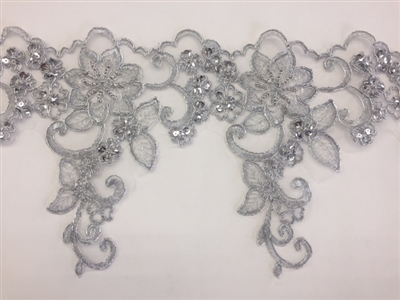 LNS-BBE-247-SILVER. Silver Embroidery Bridal Lace with with Silver Beads and Sequins - Sold By the Yard - 8.5 Inch Wide