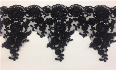 LNS-BBE-248-BLACK.  Black Embroidery Bridal Lace with with Black Beads and Sequins - Sold By the Yard - 8.5 Inch Wide