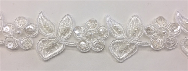 LNS-BBE-249-WHITE.  White Beaded Bridal Lace with Sequins - Sold By the Yard - 1.5 Inch Wide