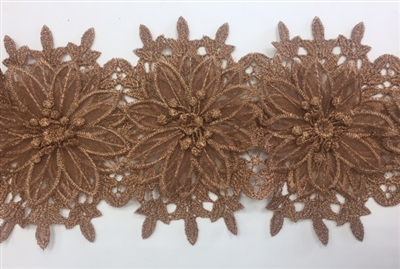 LNS-BBE-252-BRONZE. Bronze Bridal Lace with Multi-Layer Raised Flowers - 5 Inch Wide