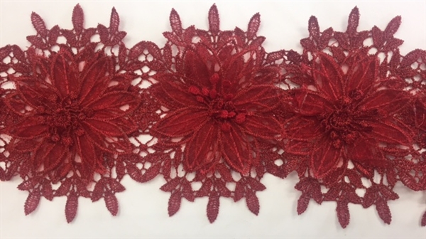 LNS-BBE-252-BURGUNDY. Burgundy Bridal Lace with Multi-Layer Raised Flowers - 5 Inch Wide
