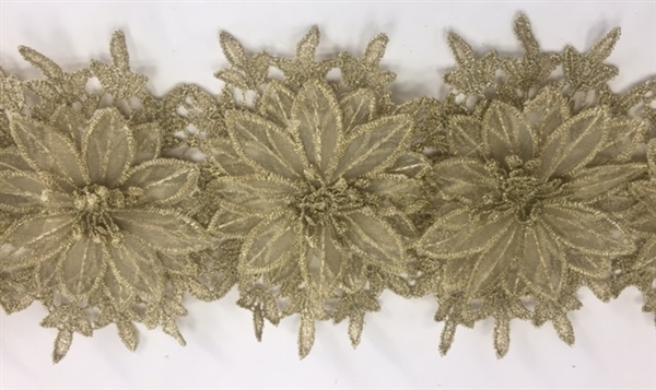 LNS-BBE-252-GOLD. Gold Bridal Lace with Multi-Layer Raised Flowers- 5 Inch Wide