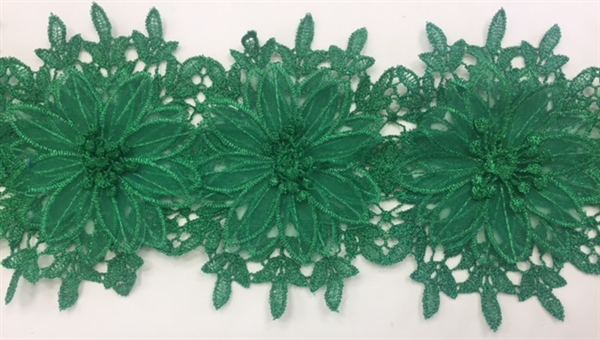LNS-BBE-252-GREEN. Green Bridal Lace with Multi-Layer Raised Flowers - 5 Inch Wide