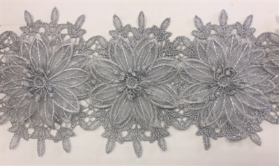 LNS-BBE-252-SILVER. Silver Bridal Lace with Multi-Layer Raised Flowers - 5 Inch Wide