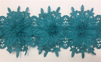 LNS-BBE-252-TEAL. Teal Bridal Lace with Multi-Layer Raised Flowers - 5 Inch Wide