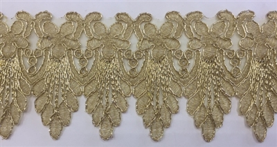 LNS-BBE-259-GOLD.  Gold Bridal Lace - 3.5 Inch Wide - Sold By the Yard