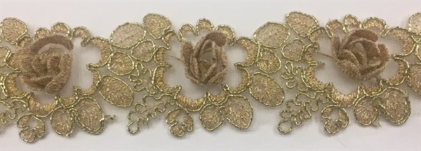 LNS-BBE-263-GOLD.  Gold Bridal Lace with 3-Dimensional Rosettes - 2 Inch Wide - Sold By the Yard