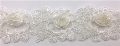 LNS-BBE-263-OFFWHITE.  Off White Bridal Lace with 3-Dimensional Rosettes - 2 Inch Wide - Sold By the Yard