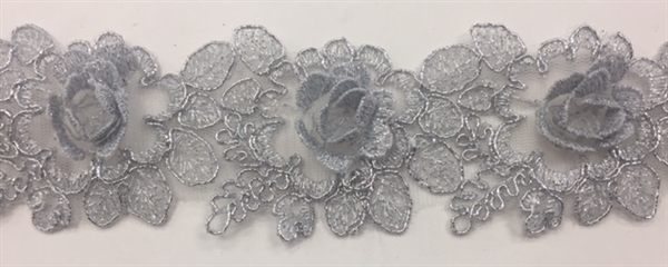 LNS-BBE-263-SILVER.  Silver Bridal Lace with 3-Dimensional Rosettes - 2 Inch Wide - Sold By the Yard