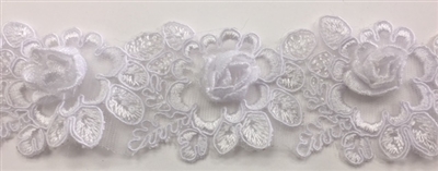 LNS-BBE-263-WHITE.  White Bridal Lace with 3-Dimensional Rosettes - 2 Inch Wide - Sold By the Yard