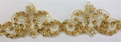 LNS-BBE-264-GOLD. Moda Trims Gold Bridal Lace with Beads and Sequins - 2 Inch Wide - Sold By the Yard