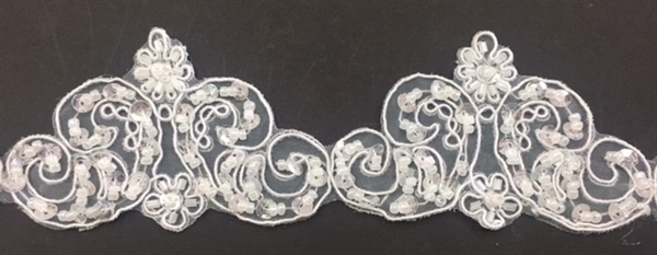 LNS-BBE-264-WHITE. Moda Trims White Bridal Lace with Beads and Sequins - 2 Inch Wide - Sold By the Yard
