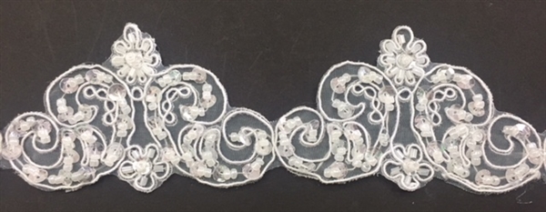 LNS-BBE-264-WHITE. Moda Trims White Bridal Lace with Beads and Sequins - 2 Inch Wide - Sold By the Yard