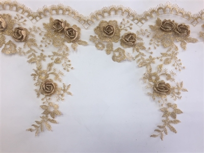 LNS-BBE-265-GOLD.  Gold Bridal Lace with 3-Dimensional Rosettes - 9 Inch Wide - Sold By the Yard