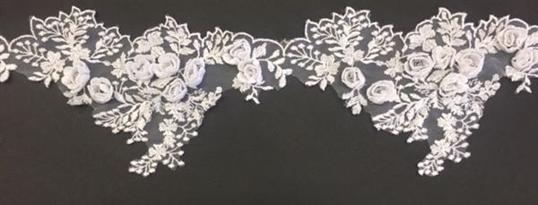 LNS-BBE-266-WHITE.  White Bridal Lace with 3-Dimensional Rosettes - 5 Inch Wide - Sold By the Yard
