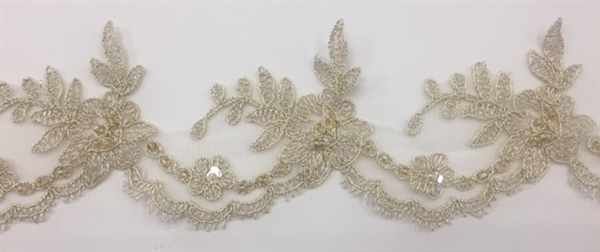 LNS-BBE-268-ANTIQUEGOLD. Antique Gold Embroidered Bridal Lace with Beads and Sequins - 3 Inch Wide - Sold By the Yard
