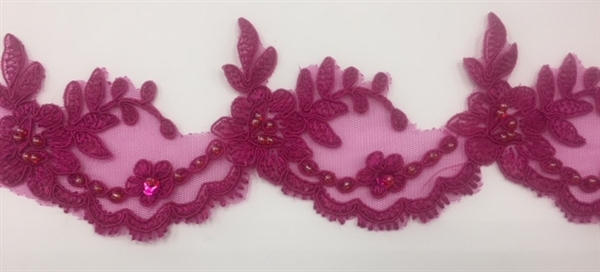 LNS-BBE-268-FUCHSIA. Fuchsia Embroidered Bridal Lace with Beads and Sequins - 3 Inch Wide - Sold By the Yard