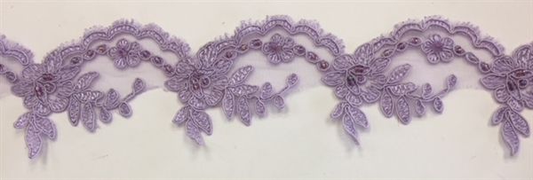 LNS-BBE-268-LILAC. Embroidered Bridal Lace with Beads and Sequins - 3 Inch Wide - Turquoise - Price per yard