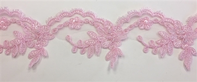 LNS-BBE-268-PINK. Embroidered Bridal Lace with Beads and Sequins - 3 Inch Wide - Pink - Price per yard