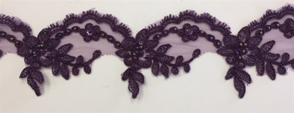 LNS-BBE-268-PLUM. Embroidered Bridal Lace with Beads and Sequins - 3 Inch Wide - Plum - Price by the Yard