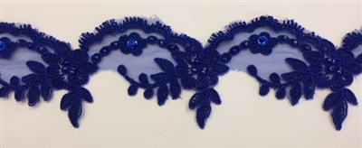 LNS-BBE-268-ROYALBLUE. Embroidered Bridal Lace with Beads and Sequins - 3 Inch Wide - Royal Blue - Price per yard