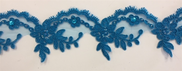 LNS-BBE-268-TURQUOISE. Embroidered Bridal Lace with Beads and Sequins - 3 Inch Wide - Turquoise - Price per yard
