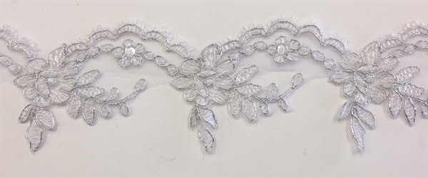 LNS-BBE-268-WHITE. White Embroidered Bridal Lace with Beads and Sequins - 3 Inch Wide - Price is per yard