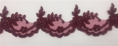 LNS-BBE-268-WINE. Wine Embroidered Bridal Lace with Beads and Sequins - 3 Inch Wide - Sold By the Yard