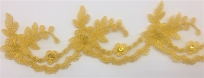 LNS-BBE-268-YELLOW. Yellow Embroidered Bridal Lace with Beads and Sequins - 3 Inch Wide - Sold By the Yard