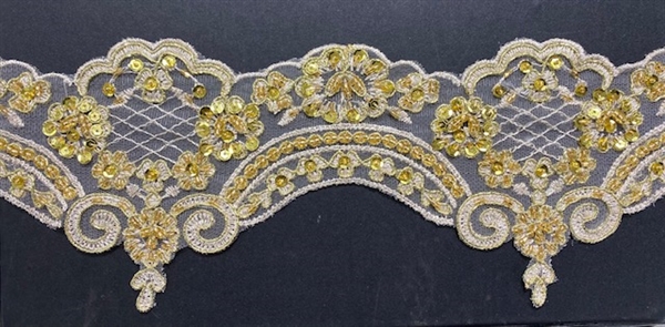 LNS-BBE-269-GOLD. Embroidered Bridal Lace with Beads and Sequins - 4.5 Inch Wide - Gold- Price is per yard