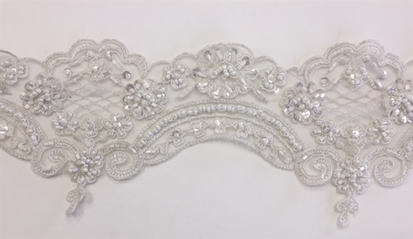 LNS-BBE-269-IVORYSILVER. Embroidered Bridal Lace with Beads, Sequins, And Silver Borders - 4.5 Inch Wide - Price Per Yard