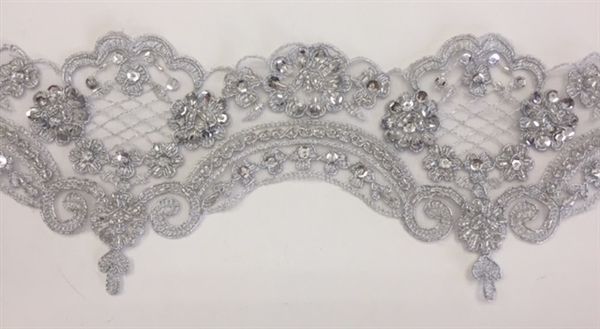 LNS-BBE-269-SILVER. Embroidered Bridal Lace with Beads and Sequins - 4.5 Inch Wide - Silver- Price is per yard