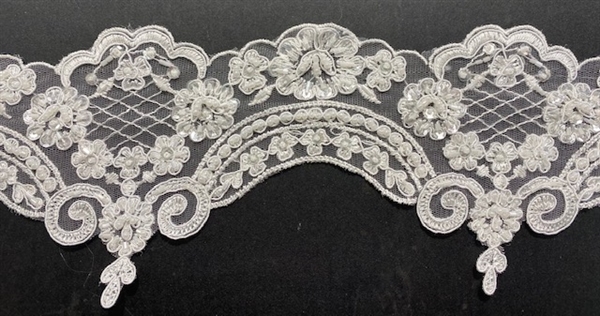 LNS-BBE-269-WHITE. Embroidered Bridal Lace with Beads and Sequins - 4.5 Inch Wide - White - Price is per yard