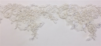 LNS-BBE-270-IVORYSILVER. Embroidered Bridal Lace with Beads and Sequins - 4 Inch Wide - IVORY WITH SILVER BORDERS - Price per yard: 8.50