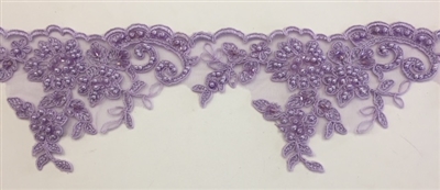 LNS-BBE-270-LILAC. Embroidered Bridal Lace with Beads and Sequins - 4 Inch Wide - LILAC - Price per yard