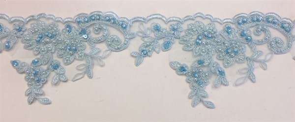 LNS-BBE-270-LTBLUE. Embroidered Bridal Lace with Beads and Sequins - 4 Inch Wide - LT BLUE - Price per yard