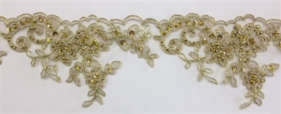 LNS-BBE-270-METALLICGOLD. Embroidered Bridal Lace with Beads and Sequins - 4 Inch Wide - METALLIC GOLD.- Price per yard