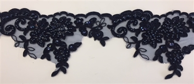 LNS-BBE-270-NAVY. Embroidered Bridal Lace with Beads and Sequins - 4 Inch Wide - NAVY - Price per yard