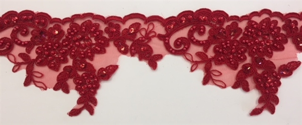 LNS-BBE-270-RED. Embroidered Bridal Lace with Beads and Sequins - 4 Inch Wide - RED - Price per yard