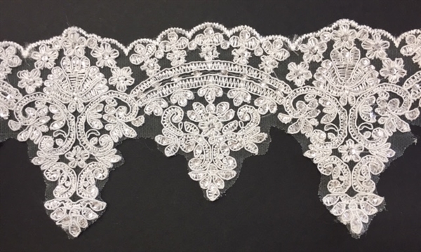 LNS-BBE-272-IVORY. Embroidered Bridal Lace with Beads and Sequins - 5 Inch Wide - IVORY - Price per yard: $6.00