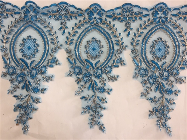 LNS-BBE-273-BLUEGOLD. Embroidered Bridal Lace - Blue with Gold Borders - 12 Inch Wide - Price per Yard:   $6.00