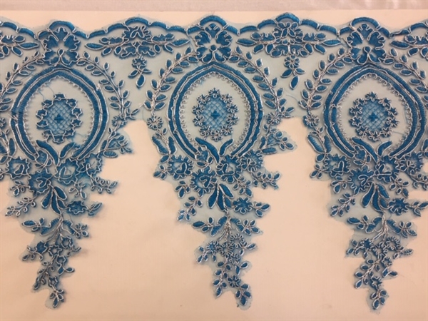 LNS-BBE-273-BLUESILVER. Embroidered Bridal Lace - Blue with Silver Borders - 12 Inch Wide - Price per Yard: $6.00