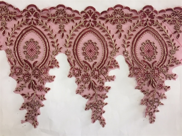 LNS-BBE-273-BURGUNDYGOLD. Embroidered Bridal Lace - Burgundy with Gold Borders - 12 Inch Wide - Price per Yard: $6.00