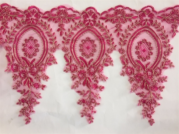 LNS-BBE-273-FUCHSIAGOLD. Embroidered Bridal Lace - Fuchsia with Gold Borders - 12 Inch Wide - Price per Yard: $6.00
