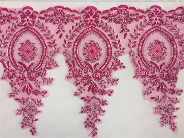 LNS-BBE-273-FUCHSIASILVER. Embroidered Bridal Lace - Fuchsia with Silver Borders - 12 Inch Wide - Price per Yard: $6.00