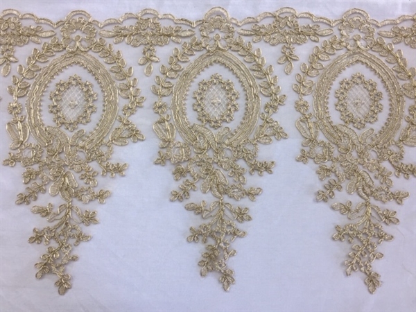 LNS-BBE-273-GOLD. Embroidered Bridal Lace - Gold - 12 Inch Wide - Price per Yard: $6.00