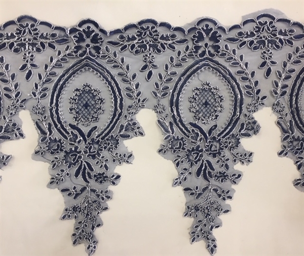 LNS-BBE-273-NAVYSILVER. Embroidered Bridal Lace - Navy with Silver Borders - 12 Inch Wide - Price per Yard: $6.00