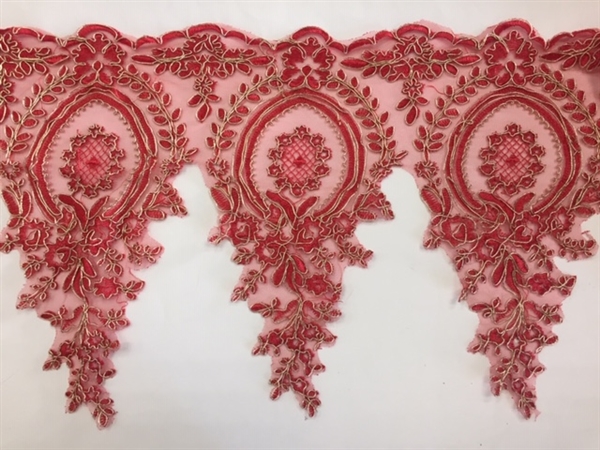 LNS-BBE-273-REDGOLD. Embroidered Bridal Lace - Red with Gold Borders - 12 Inch Wide - Price per Yard: $6.00